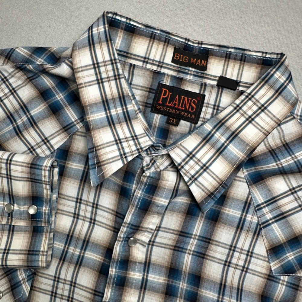 Plains Western Wear Shirt Mens 3X Blue Plaid Pearl Snap Big Man Long Sleeve